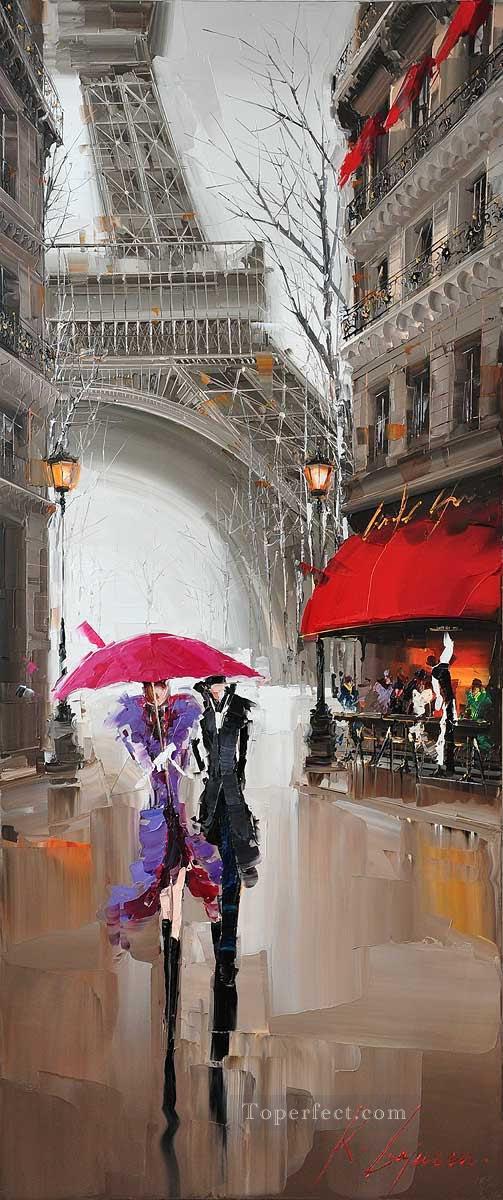 Pareja bajo el paraguas Torre Effel Kal Gajoum con textura Pintura al óleo